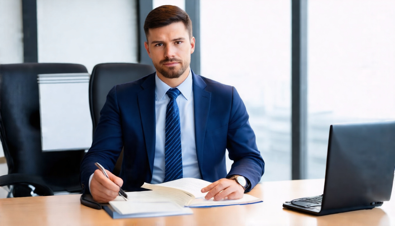  professional insurance agent negotiating claim settlement, modern office, confident and focused demeanor, business attire