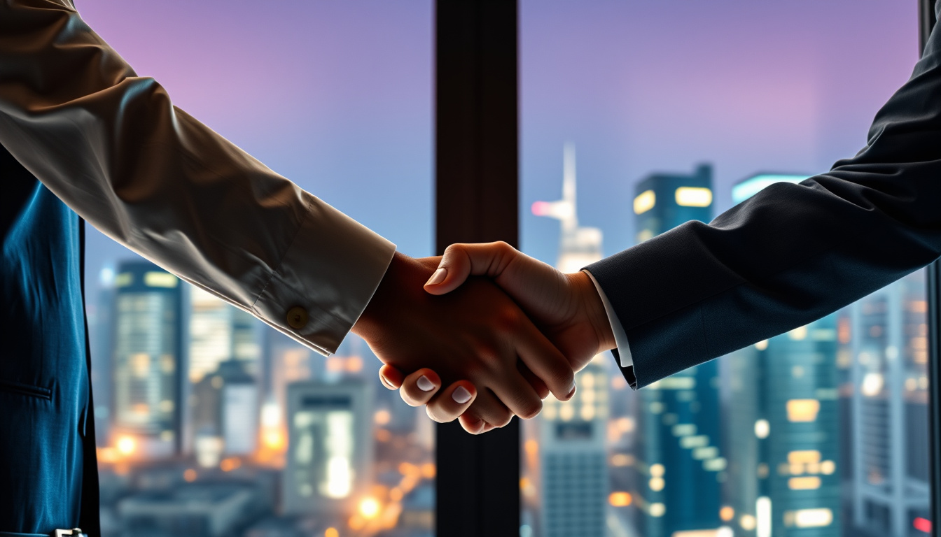  handshake between diverse business partners, glowing city skyline through office window, symbolizing strong partnership