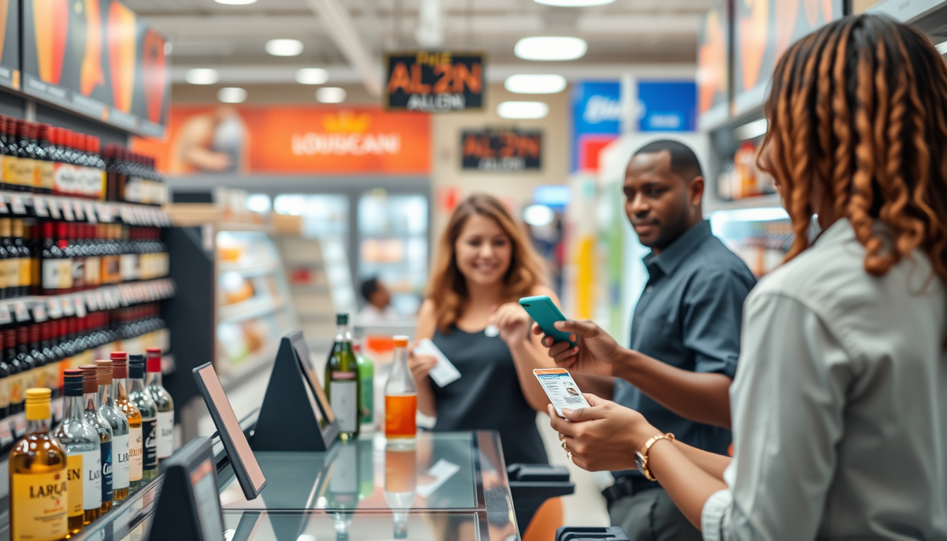 Busy Louisiana store clerk scanning age IDs during alcohol sale at lively retail counter