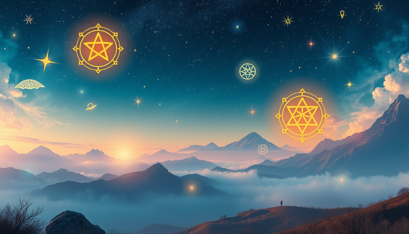  mystical symbols floating above ethereal landscape, glowing ancient manuscripts and stars