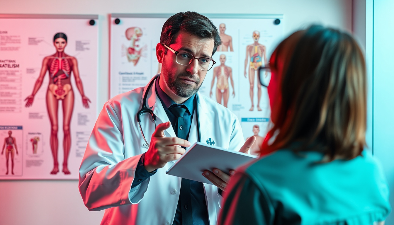  doctor explaining botulism treatment, patient consultation, anatomical charts, health clinic background