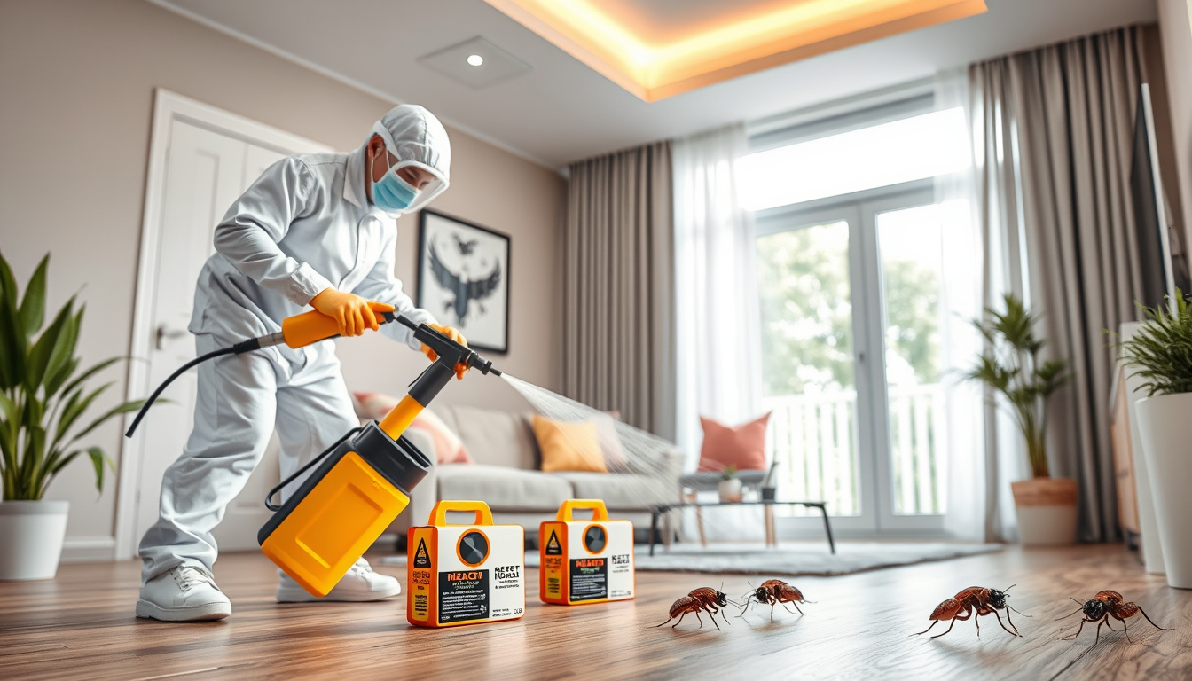  professional pest control expert spraying insecticide, modern home interior, visible roach traps placed strategically