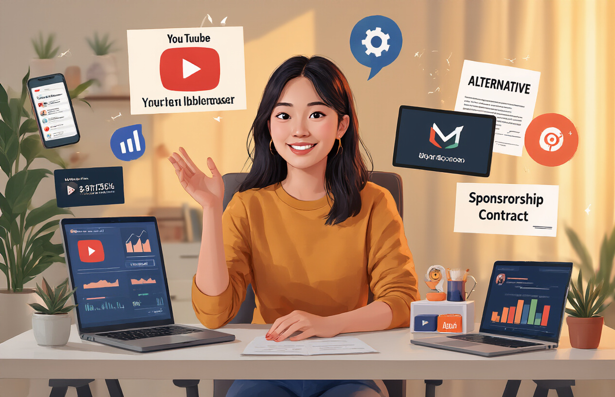 Create a realistic image of a diverse content creator (Asian female) sitting at a modern desk with multiple revenue streams visually represented around her - a smartphone showing YouTube analytics with upward trends, a laptop displaying alternative platform logos, a small merchandise display, and a digital sponsorship contract, all under warm lighting that creates an optimistic atmosphere for future-focused YouTube monetization strategies.