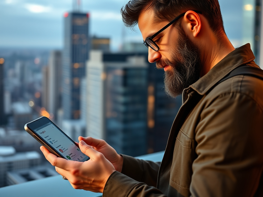business owner reviewing local search rankings on a digital device with cityscape background