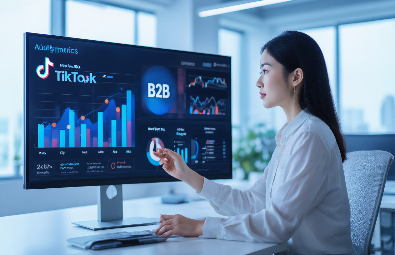 Create a realistic image of a professional Asian female marketer in a modern office analyzing TikTok analytics on a large screen, with B2B metrics and company logos visible, showing a thoughtful expression as she evaluates the platform's business potential, with subtle blue lighting creating a tech-focused atmosphere.