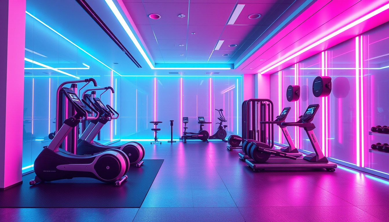  Futuristic gym with agility training equipment and neon lighting