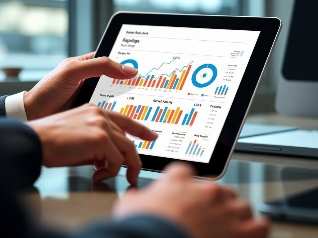 business professional analyzing SEO report with highlighted data points on digital tablet