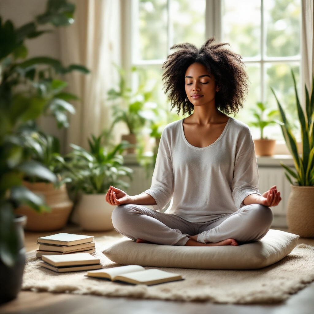 Create a realistic image of a serene meditation space with a young Black woman sitting in a peaceful lotus position on a comfortable cushion, eyes closed in mindfulness, surrounded by elements of mental wellness including journals, calming plants, and soft natural lighting streaming through a window, conveying the nurturing of mental and emotional health.
