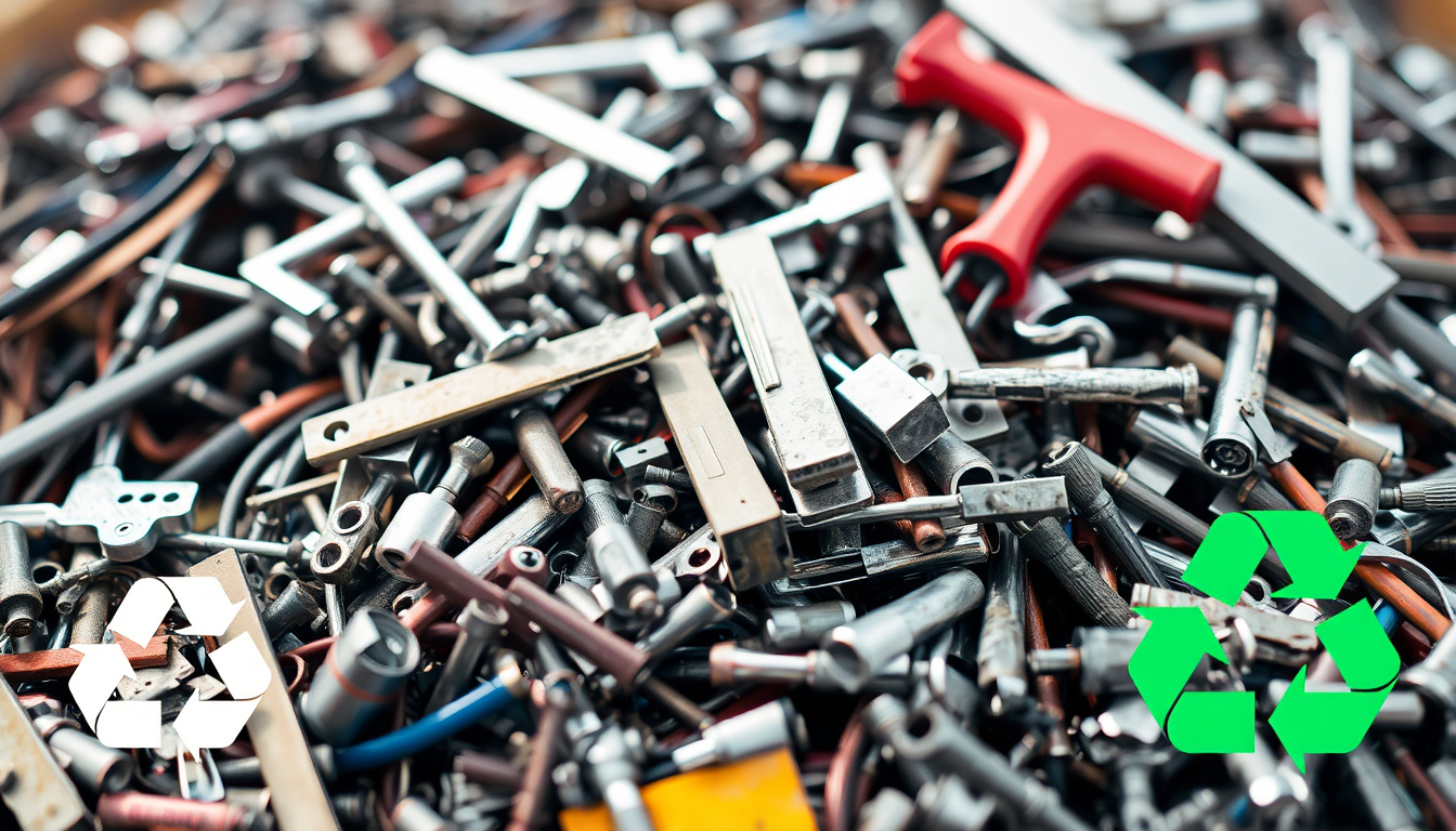  A detailed close-up of shiny scrap metal piles with recycling symbols and tools