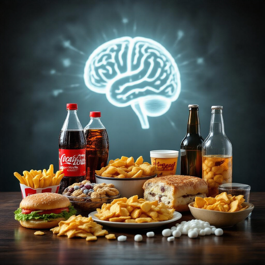 Create a realistic image of various unhealthy food items and beverages known to harm brain health arranged on a dark wooden table, including sugary sodas, processed foods high in trans fats, alcohol bottles, and salty snacks, with a faint brain outline in the background surrounded by a protective barrier that's being compromised, all under soft, somber lighting that creates subtle shadows emphasizing the cautionary mood.