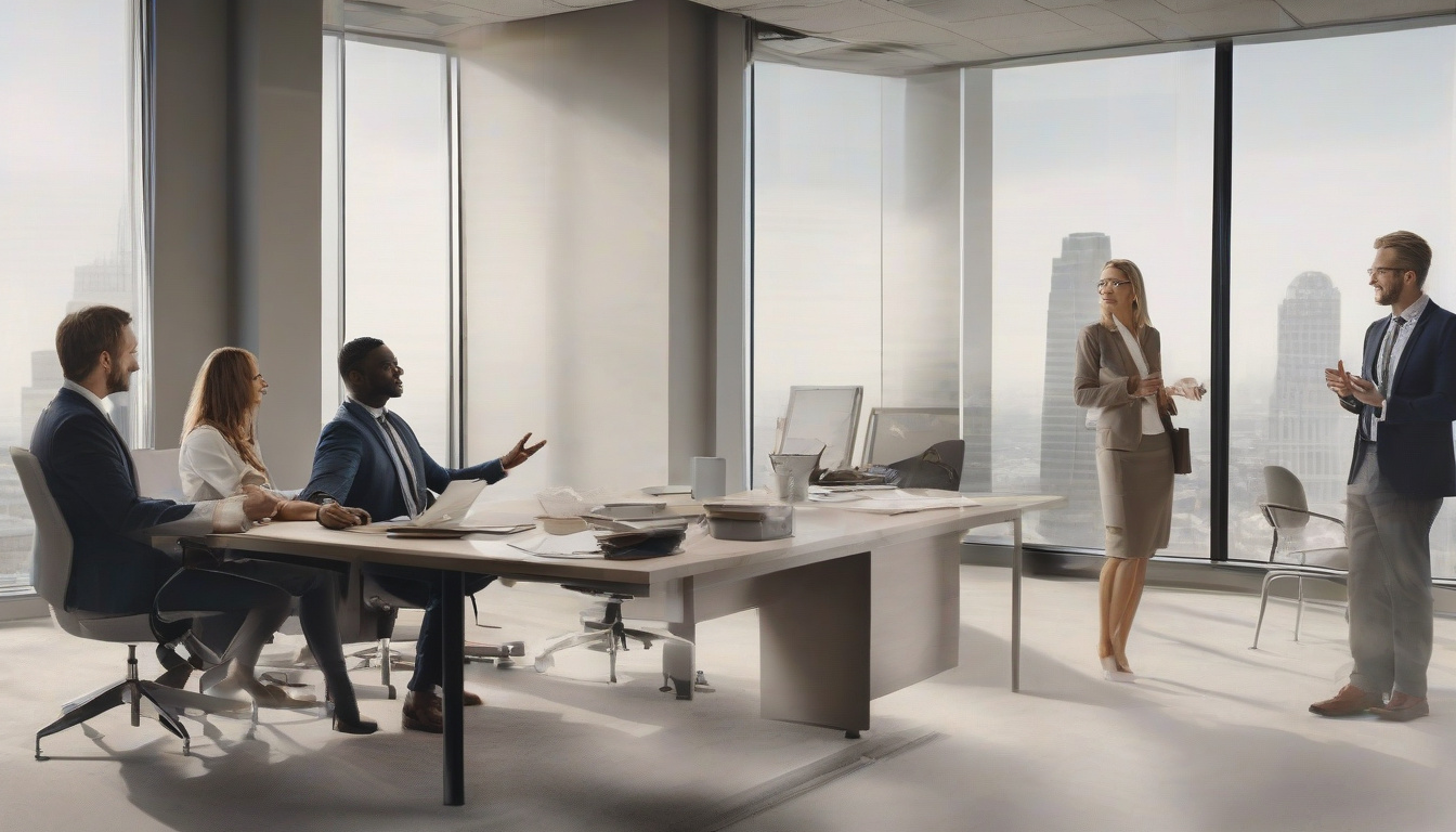  Breakaway advisor confidently explaining fiduciary practices to clients in a modern office