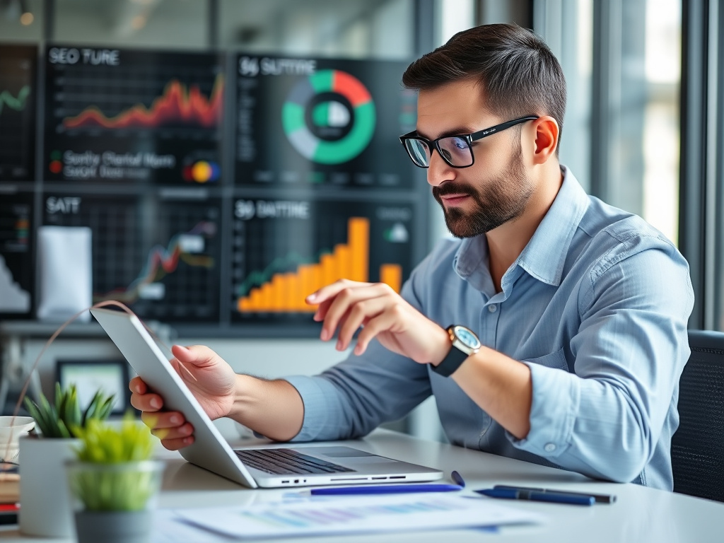 Business professional analyzing data and marketing strategies on digital device, emphasizing strategic planning for SEO