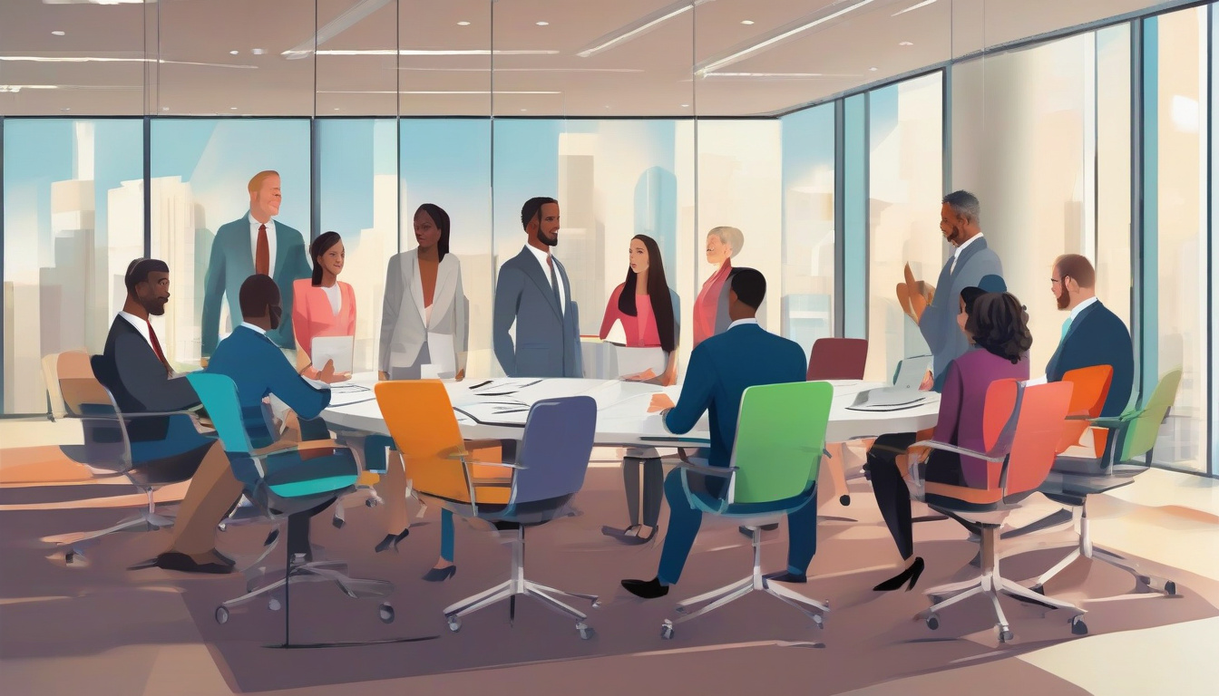  diverse group of fiduciaries discussing estate planning, formal attire, modern conference room