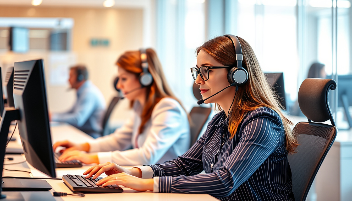  Professional answering service team efficiently handling customer calls, high-tech equipment, warm lighting