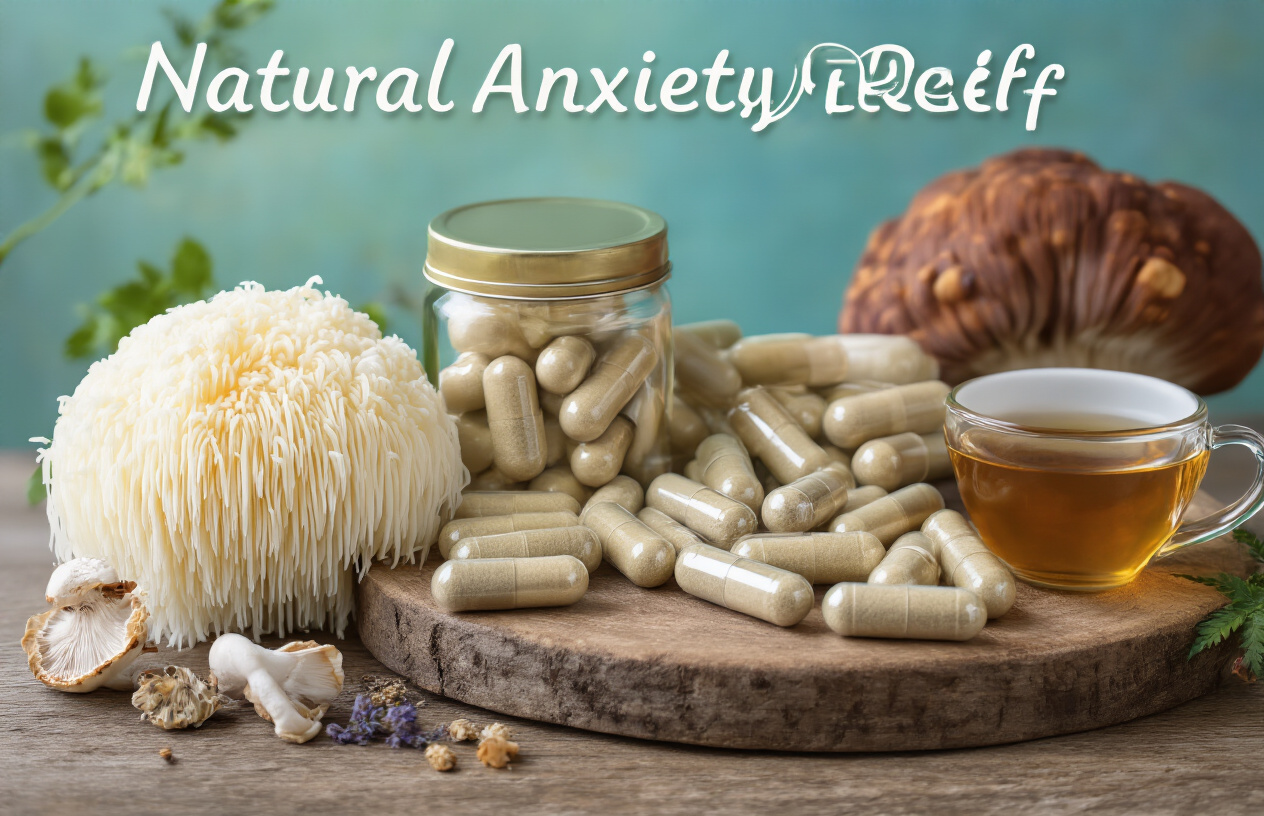 Create a realistic image of various medicinal mushroom capsules artfully arranged on a wooden surface with some whole mushrooms (lion's mane, reishi, and turkey tail) visible nearby, a calming blue-green background suggesting tranquility, soft natural lighting highlighting the capsules, and a small cup of herbal tea in the corner, with text overlay reading "Natural Anxiety Relief."