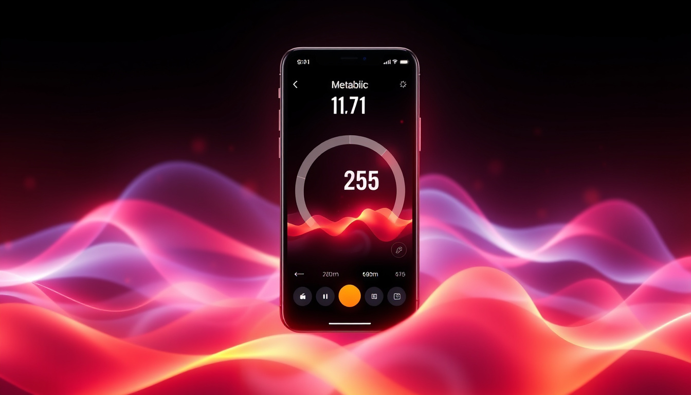  sleek fitness app interface displaying metabolic rate, modern design, glowing graphics