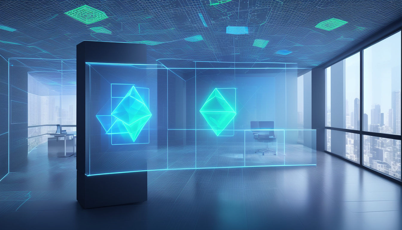  corporate professionals using transparent holographic blockchain interface in sleek modern office