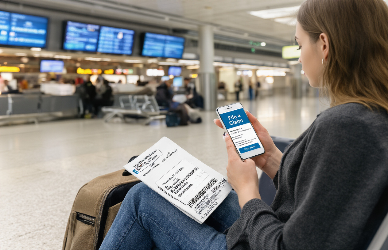 Create a realistic image of a white female traveler sitting at an airport gate, organizing travel documents including boarding passes and passport on her lap, with a smartphone in hand displaying the AirHelp app, focusing on the "File a Claim" section, with flight delay information visible on departure screens in the background.