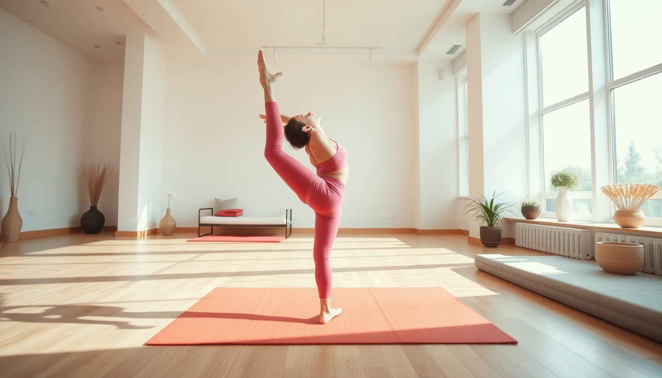  A dynamic image of a person mid-Pilates pose in a bright, airy wellness space
