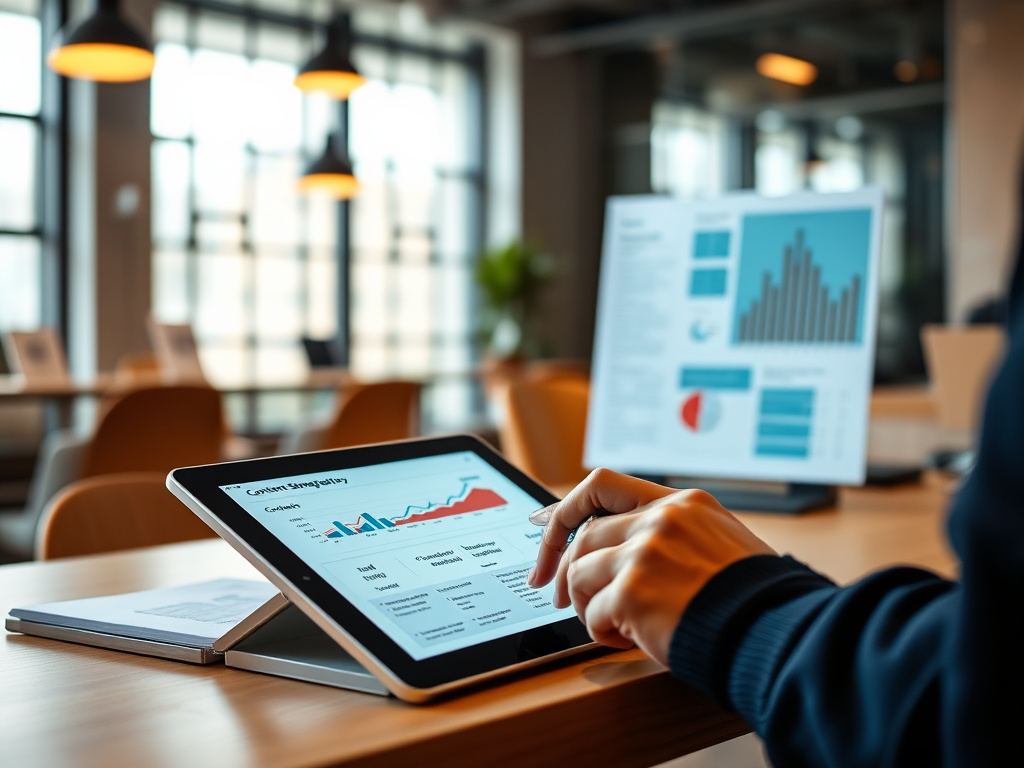 writer working on a content strategy with analytics charts and content drafts displayed on a digital tablet in a modern office