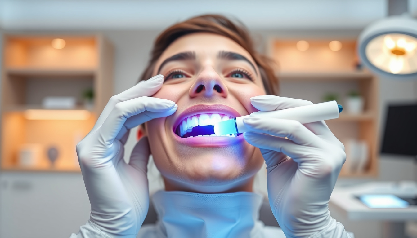  dentist applying sensitive teeth whitening strips, bright dental clinic setting