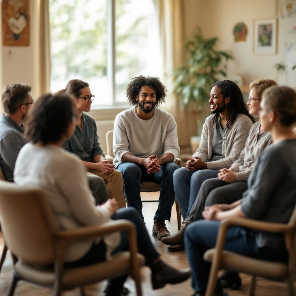 Create a realistic image of a diverse group of people sitting in a circle during a support group session, including Black, Asian, and White individuals of different genders, engaged in supportive conversation, with one person speaking while others listen attentively, in a warm, well-lit community center room with comfortable chairs, depicting how social connections help manage stress.