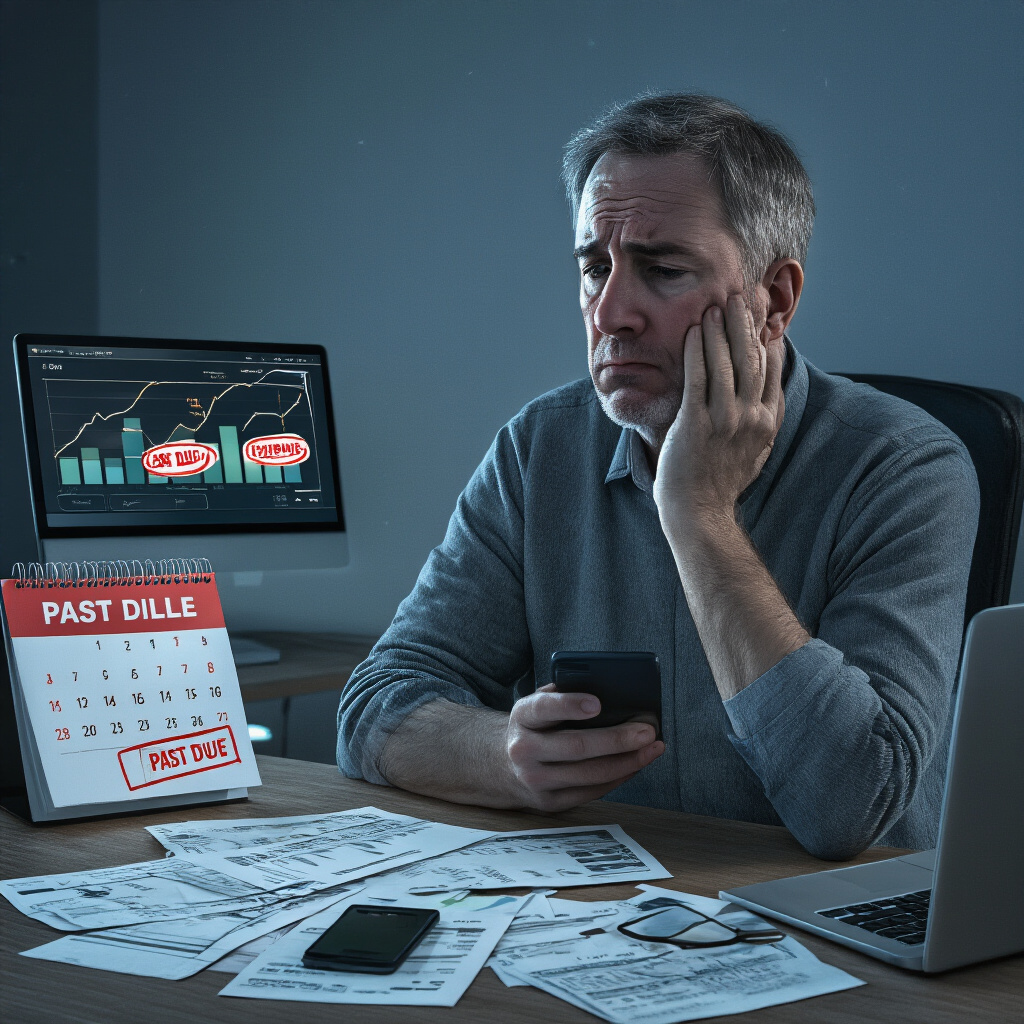 Create a realistic image of a stressed middle-aged white male sitting at a desk with unpaid bills scattered around, some marked "PAST DUE" in red, a smartphone showing payment reminder notifications, a calendar with missed payment dates circled, and a visual representation of a declining credit score graph on a laptop screen, all in dim indoor lighting creating a tense atmosphere.