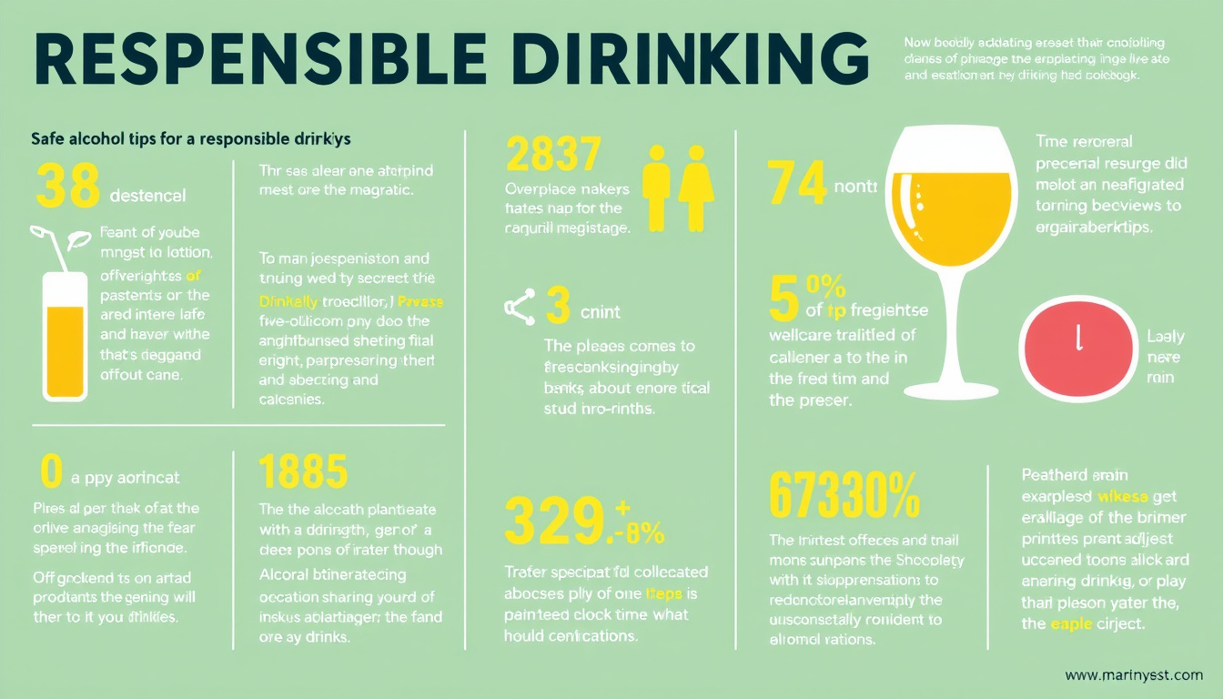 A vibrant infographic illustrating responsible drinking tips and statistics for safe alcohol consumption
