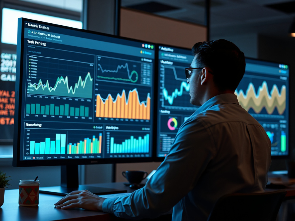 digital marketing analyst reviewing analytics dashboards on a large screen with graphs