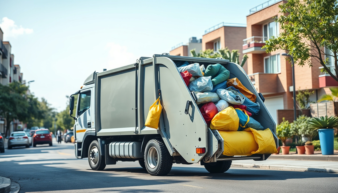  efficient garbage truck collecting oversized waste items, tidy urban neighborhood