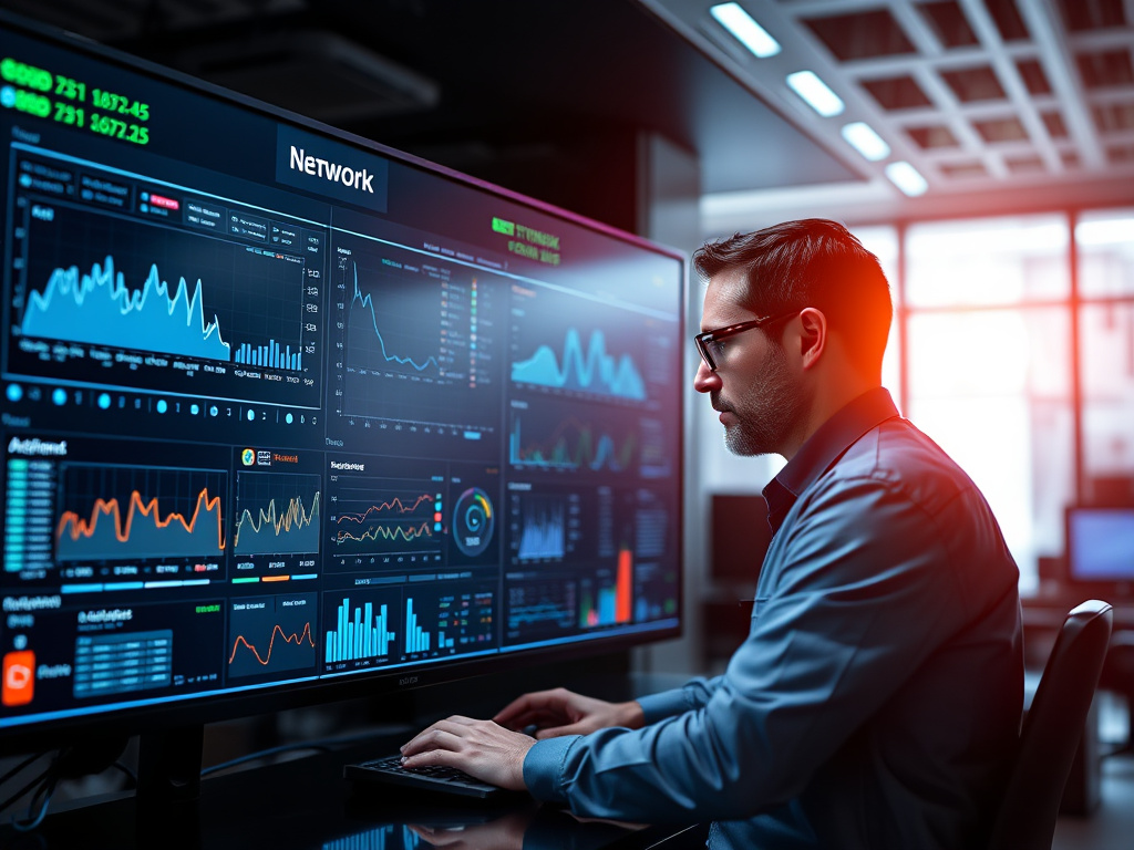professional technician analyzing network performance on a high-tech dashboard with corporate design