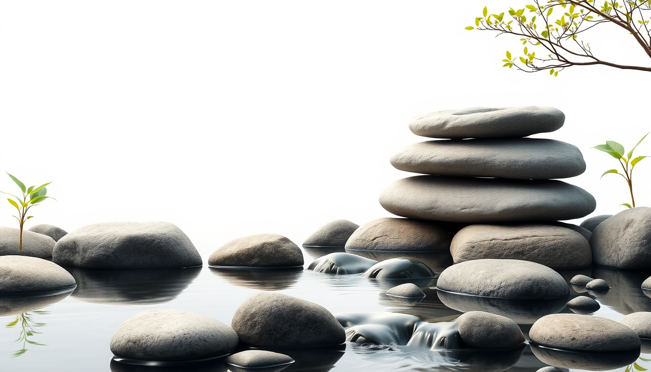  Tranquil zen garden with stones and flowing water.