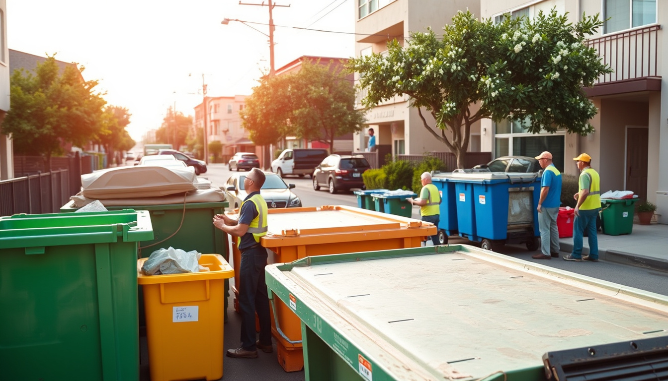  Efficient junk removal crew organizing dumpsters in urban San Diego neighborhood