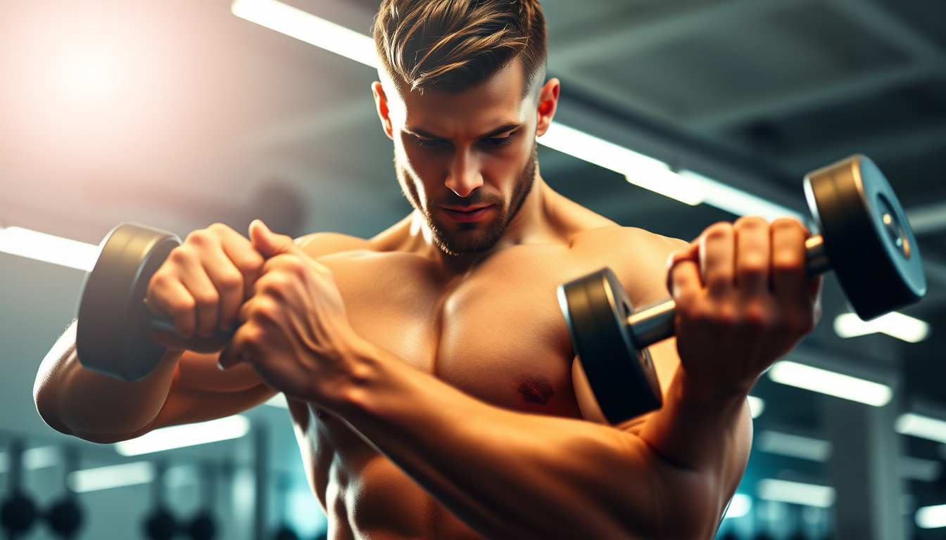  Close-up of muscular athlete lifting dumbbells under bright gym lights, emphasizing strength and nutrition