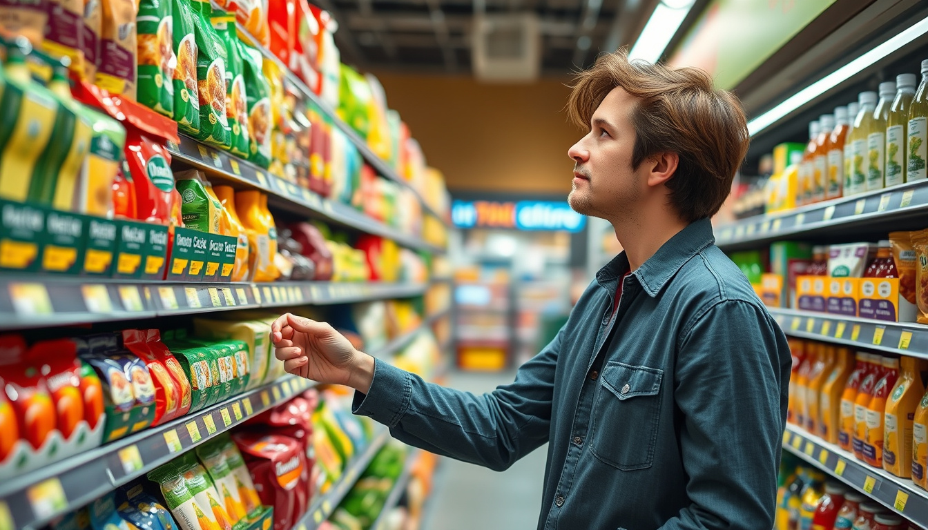  a thoughtful person choosing healthy groceries in a supermarket aisle, vibrant packaging and labels visible