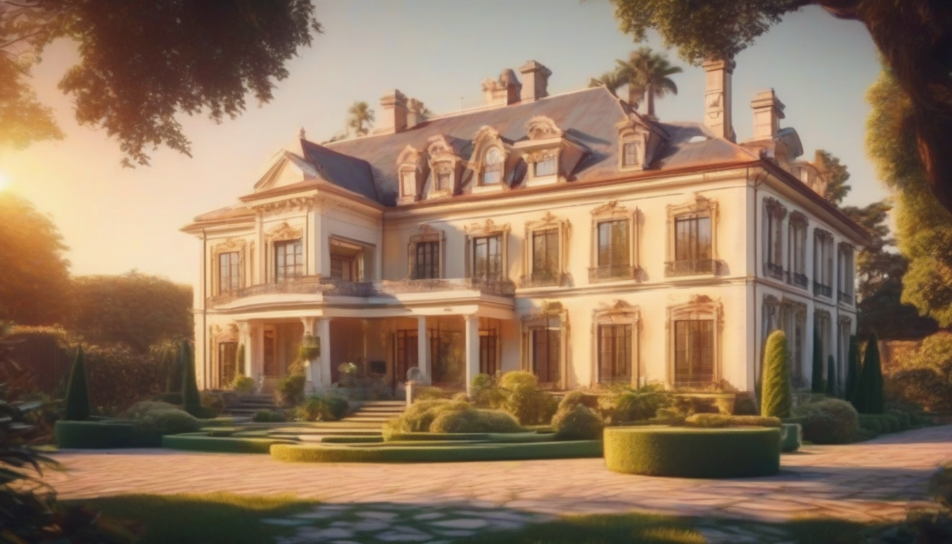  vintage mansion surrounded by lush gardens, appraiser taking notes, golden hour lighting, high detail