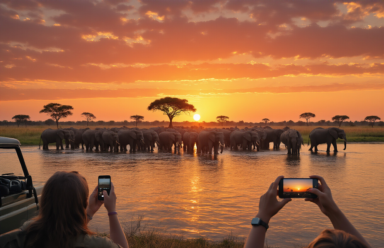 Create a realistic image of Chobe National Park in Botswana, featuring a large herd of elephants gathered along the Chobe River at sunset, with a safari vehicle in the distance and tourists using smartphones, presumably with eSIMs, to take photos and share their experience, all under a dramatic orange African sky with acacia trees silhouetted against the horizon.