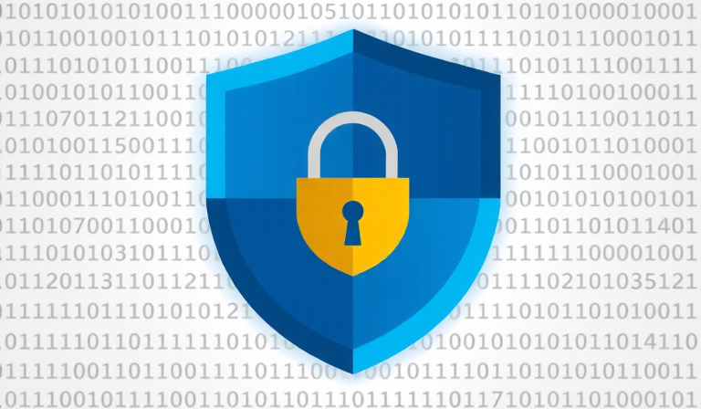 modern digital security concept illustration featuring a blue shield icon with a golden lock in the center, surrounded by abstract binary code background in light gray, with soft glowing effects around the shield to represent security, clean corporate style with sharp edges and professional color palette