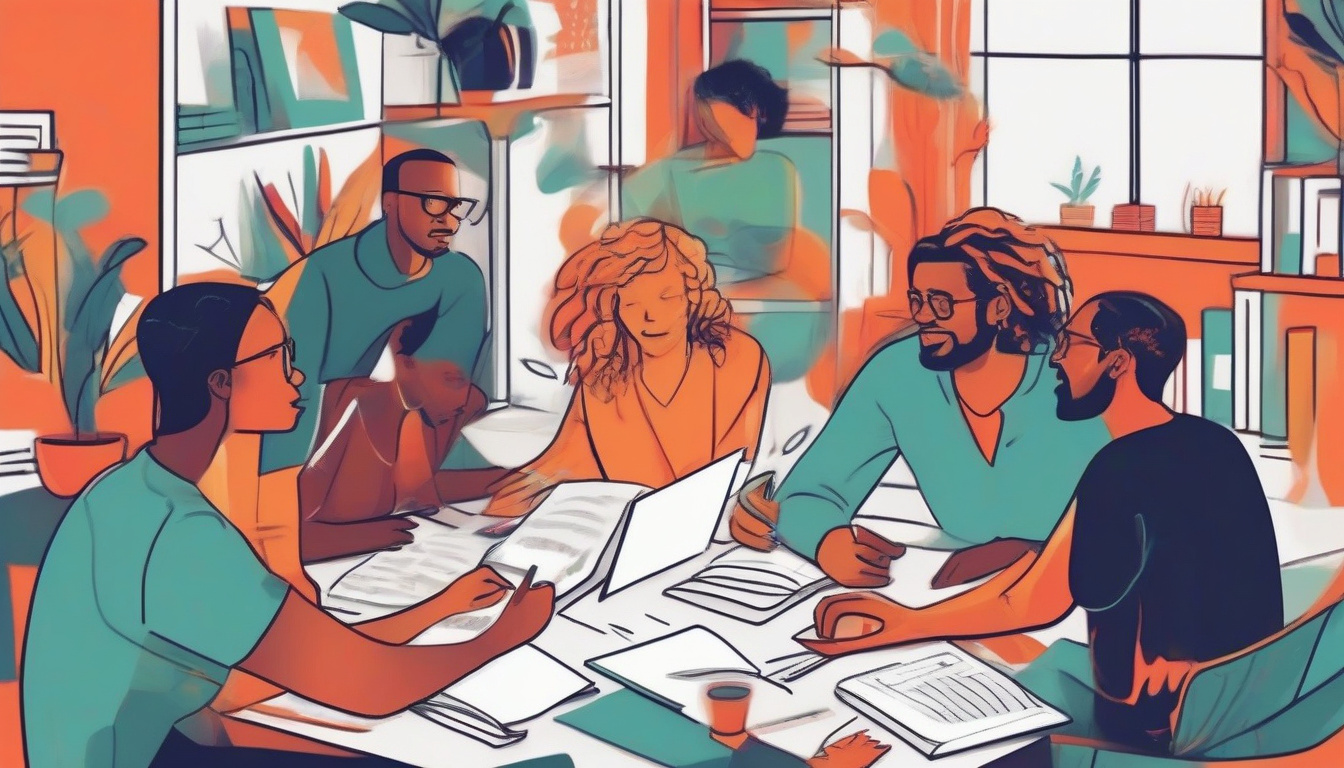  diverse writers collaborating passionately on storytelling techniques in bright room