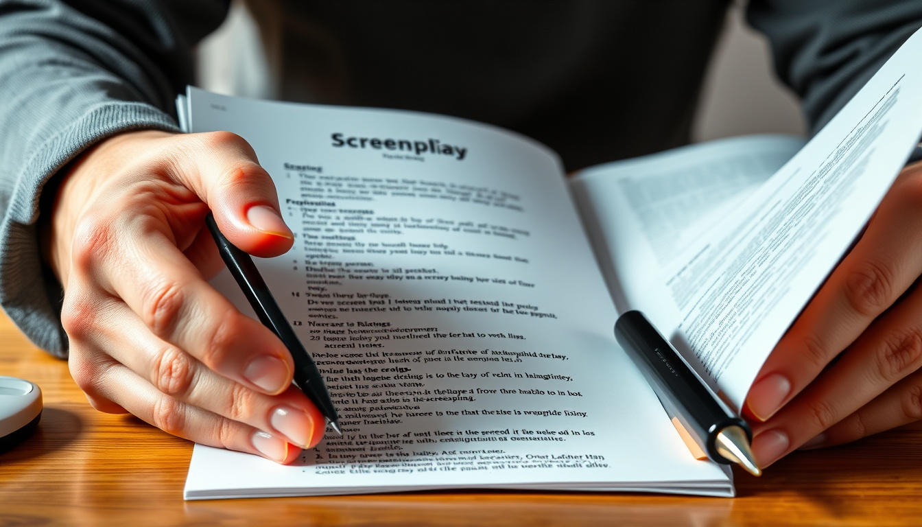  close-up of hands editing a screenplay with formatting guide visible
