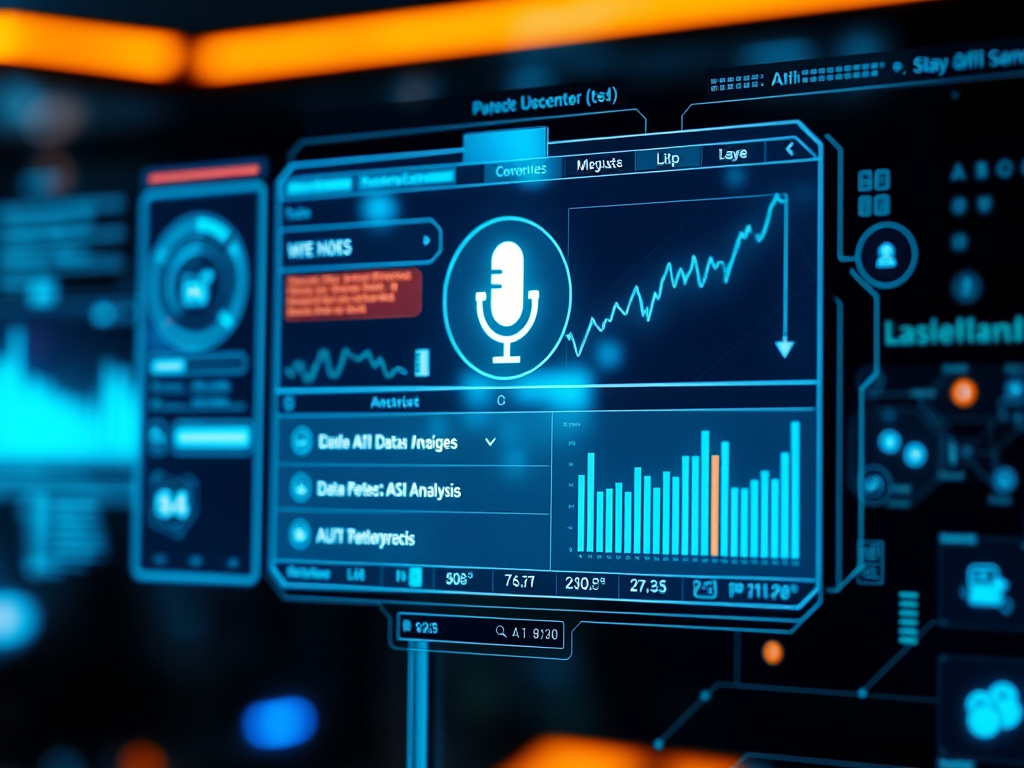 futuristic digital interface showing voice search and AI data analysis