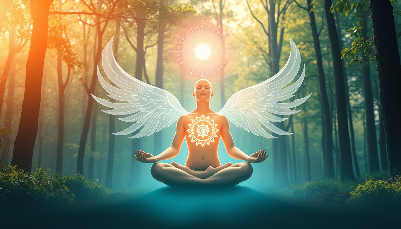  Healing light enveloping a person in lotus position, ethereal symbols, tranquil forest ambiance