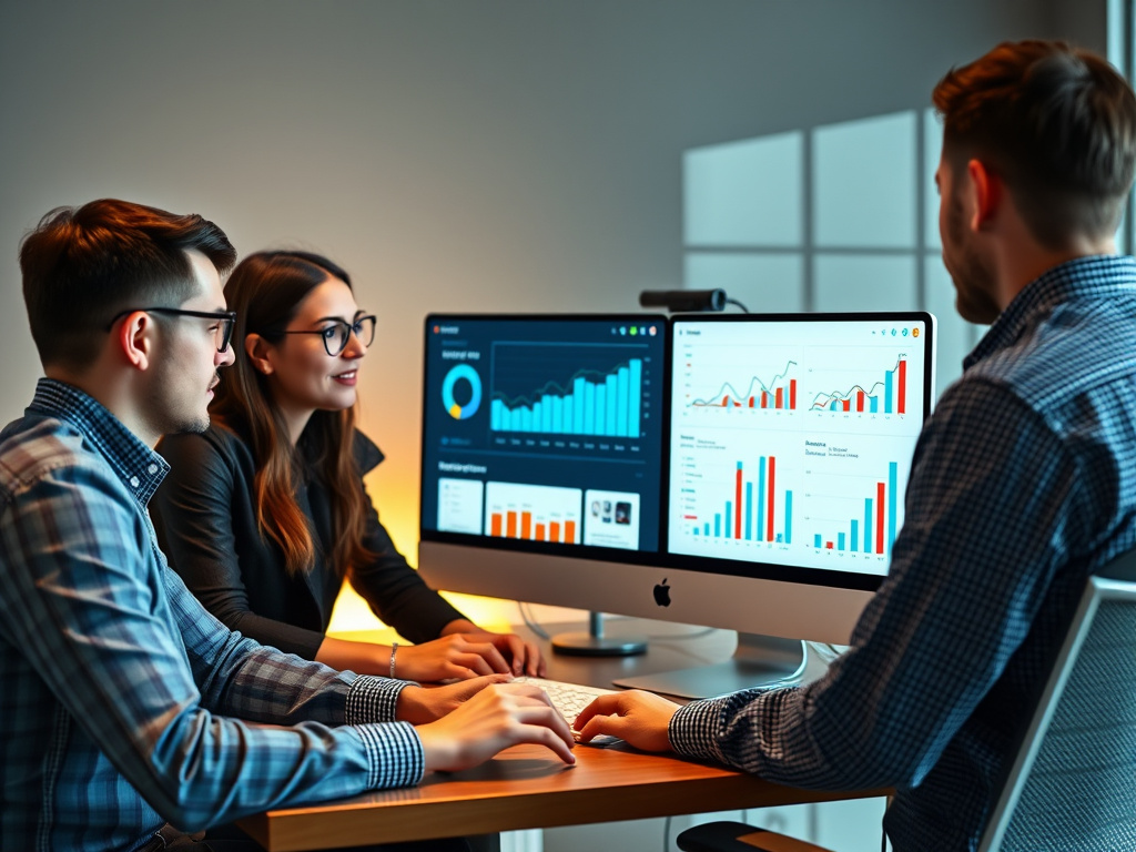 professional digital marketing team analyzing content performance on a sleek computer setup with charts and graphs