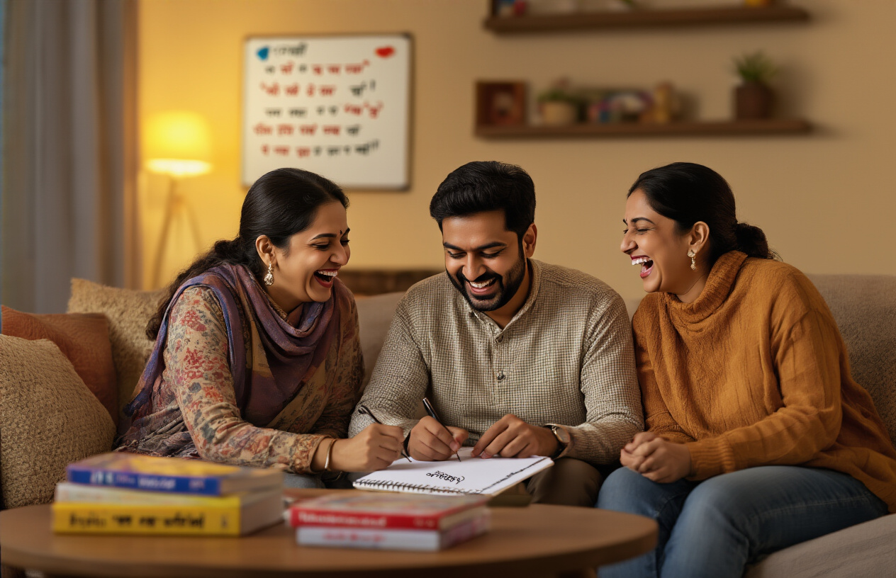 Create a realistic image of an Indian family sitting together in a cozy living room, with an adult male writing jokes in Hindi on a notepad, while others are laughing, with Hindi joke books visible on a nearby table, warm lighting creating a cheerful atmosphere, and a small whiteboard in the background with Hindi words and punchlines.