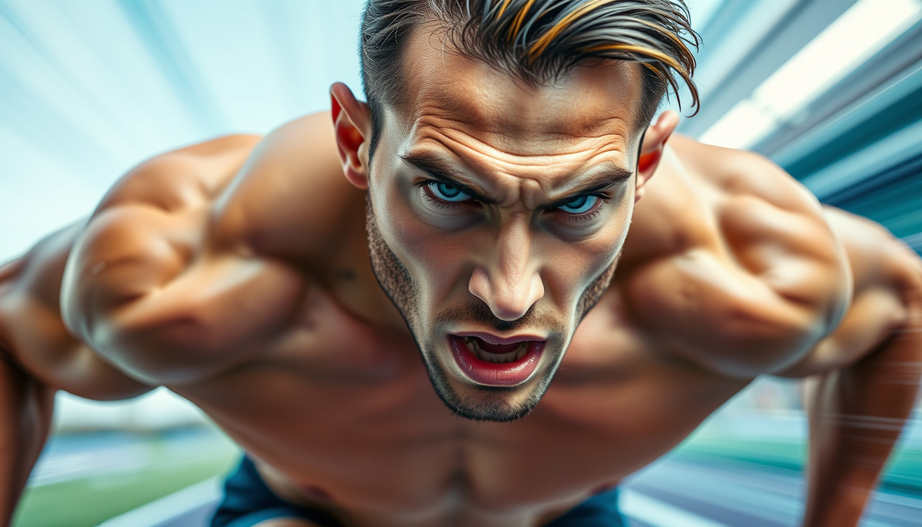  Close-up of a sprinter’s powerful muscles and determined face, dynamic motion blur