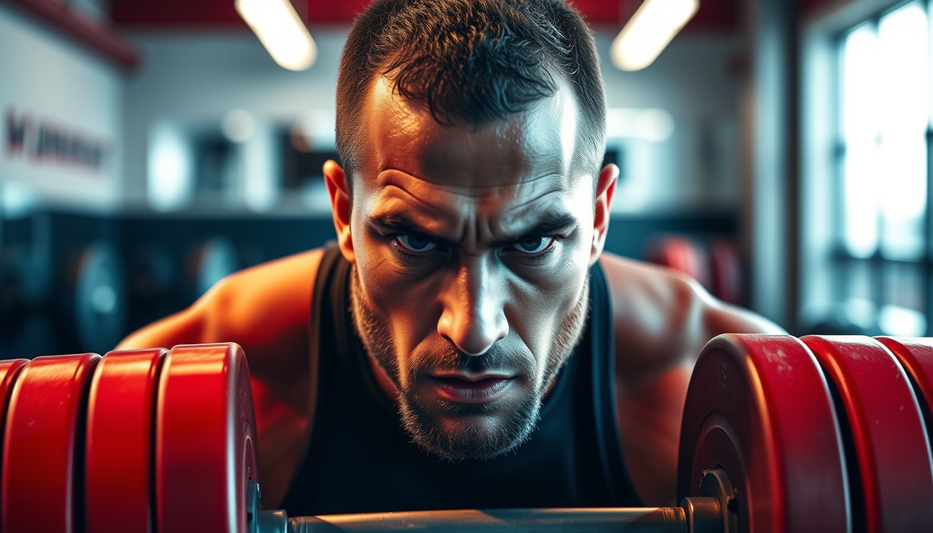  An intense weightlifting scene with focused expression and bright gym lighting