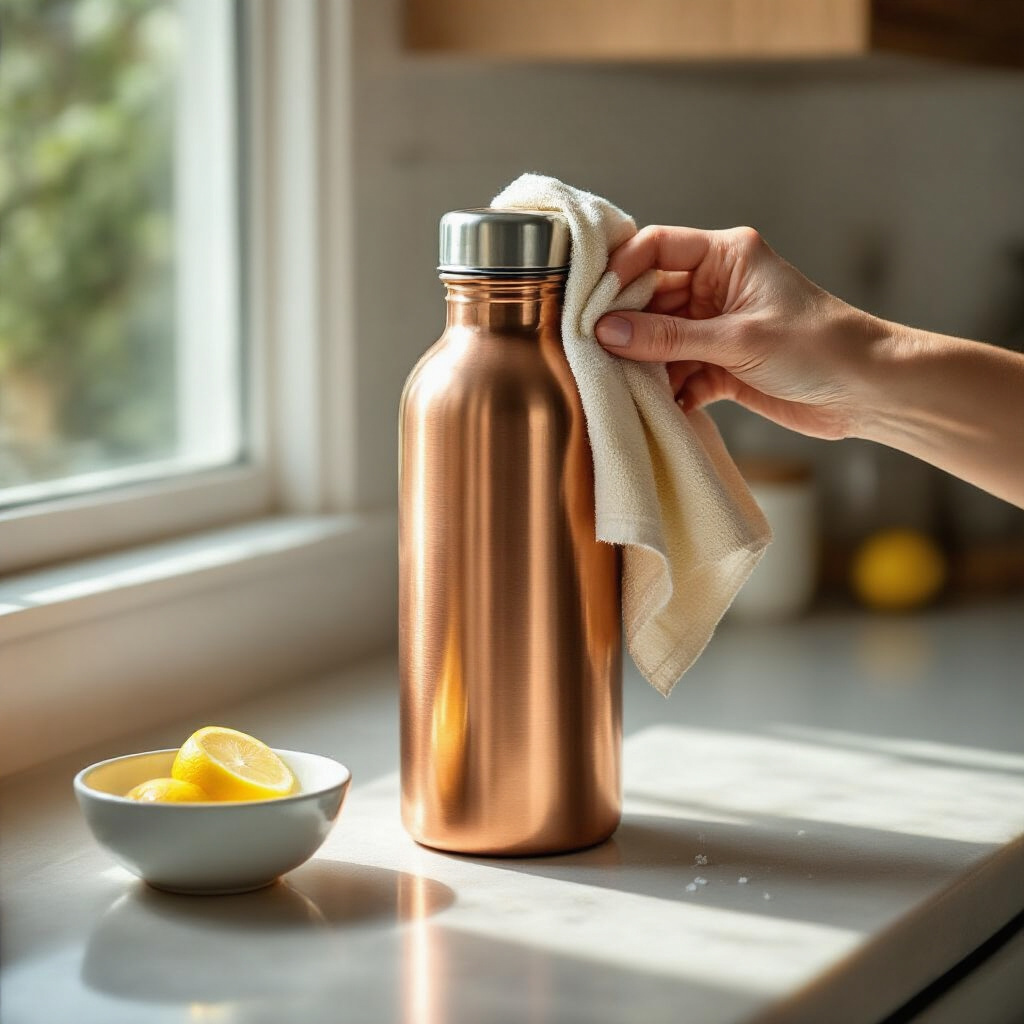 Create a realistic image of a gleaming copper water bottle being polished by a hand holding a soft cloth, with a small bowl of lemon and salt solution nearby on a clean kitchen counter, natural light streaming in from a window highlighting the restored shine of the bottle's surface.