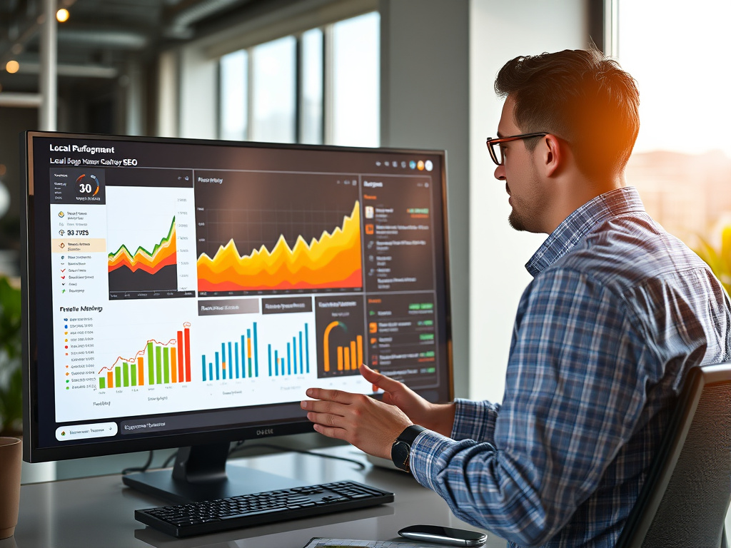 digital analyst reviewing local SEO performance metrics on a large monitor in a professional office setting
