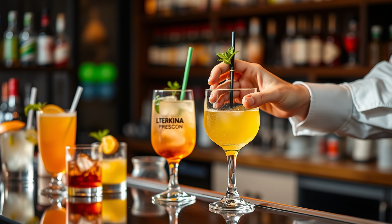 close-up of hands serving drinks responsibly, various alcoholic beverages, calm professional bar atmosphere