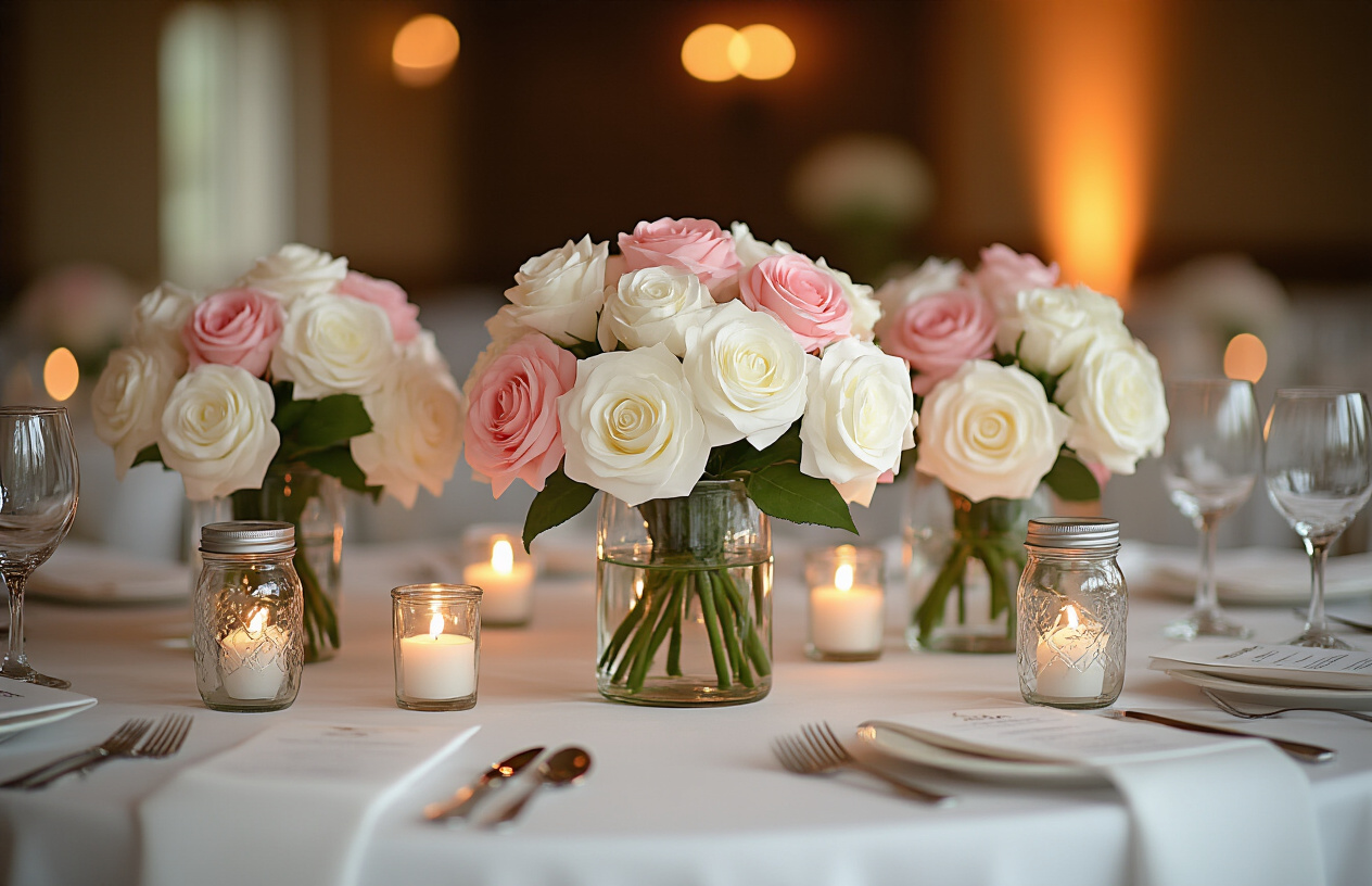 Create a realistic image of a wedding reception table decorated with budget-friendly artificial flower arrangements, featuring white and pink silk roses in glass vases, surrounded by DIY centerpieces made from repurposed materials, tea lights in mason jars, and a simple white tablecloth with elegant place settings, all under warm, ambient lighting that highlights the beautiful yet affordable decor.